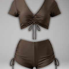 Women's Bikini Set | V Neck Ruched Short Sleeve Drawstring