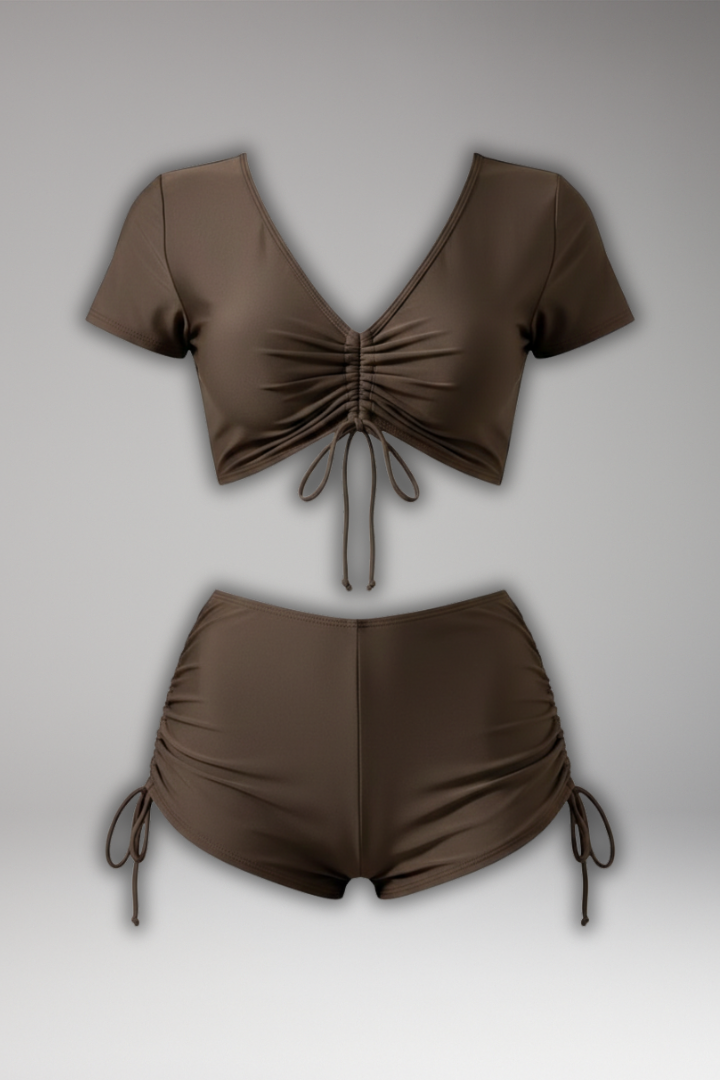 Women's Bikini Set | V Neck Ruched Short Sleeve Drawstring