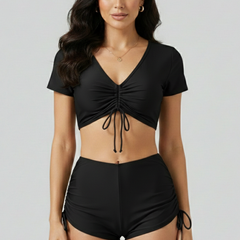 Women's Bikini Set | V Neck Ruched Short Sleeve Drawstring