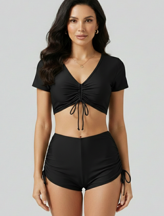 Women's Bikini Set | V Neck Ruched Short Sleeve Drawstring