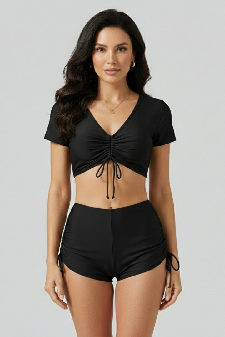 Women's Bikini Set | V Neck Ruched Short Sleeve Drawstring