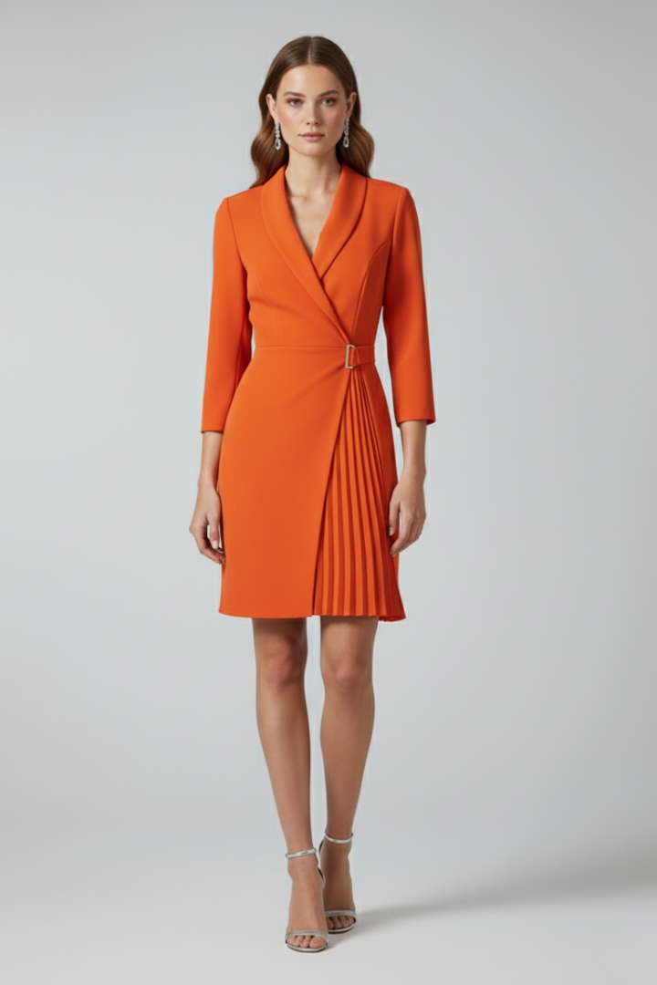 Women's Cocktail Dress | Notched Collar Wrap Midi Pleated