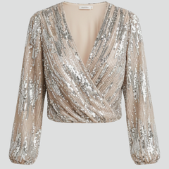 Women's Sequin Top | Wrap V Neckline Long Sleeve Pullover