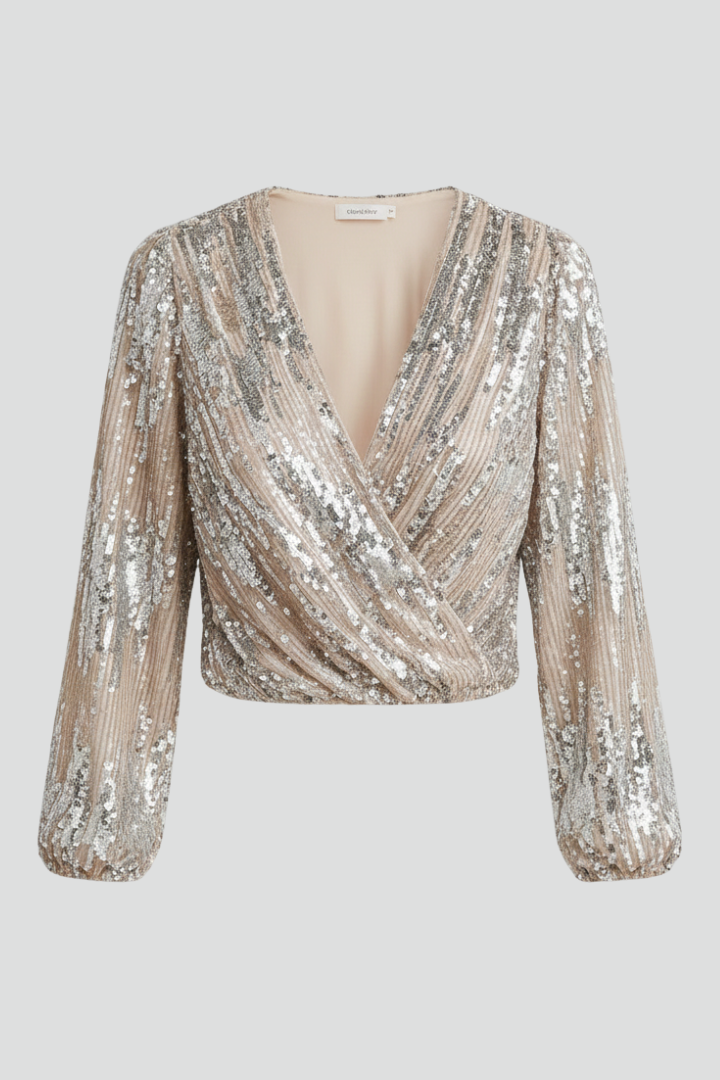 Women's Sequin Top | Wrap V Neckline Long Sleeve Pullover