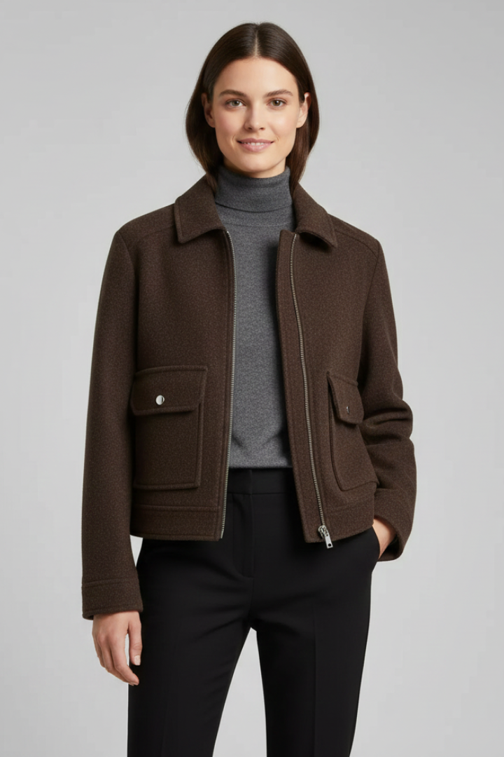 Women's Bomber Jacket | Lapel Collar Zip Fastening Wool