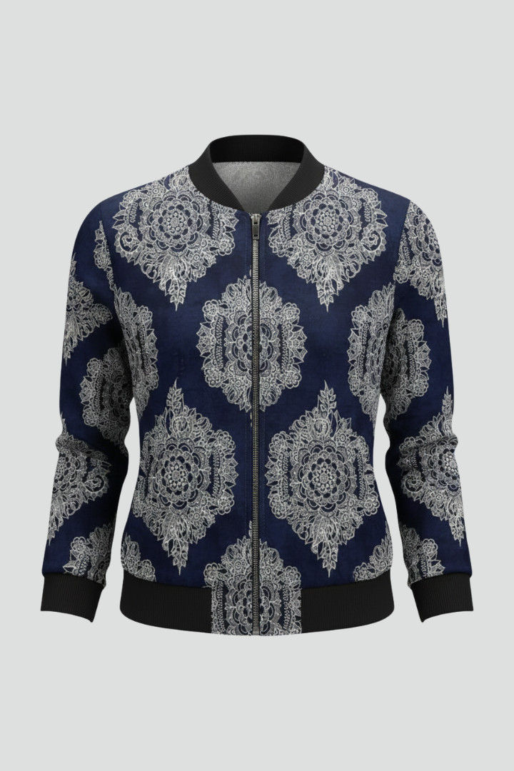 Women's Bomber Jacket | Zip Closure Lace Print Ribbed Cuffs