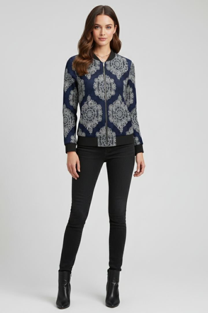Women's Bomber Jacket | Zip Closure Lace Print Ribbed Cuffs