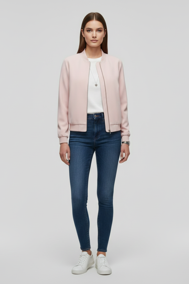 Women's Bomber Jacket | Zip Front Long Sleeve Straight Hem