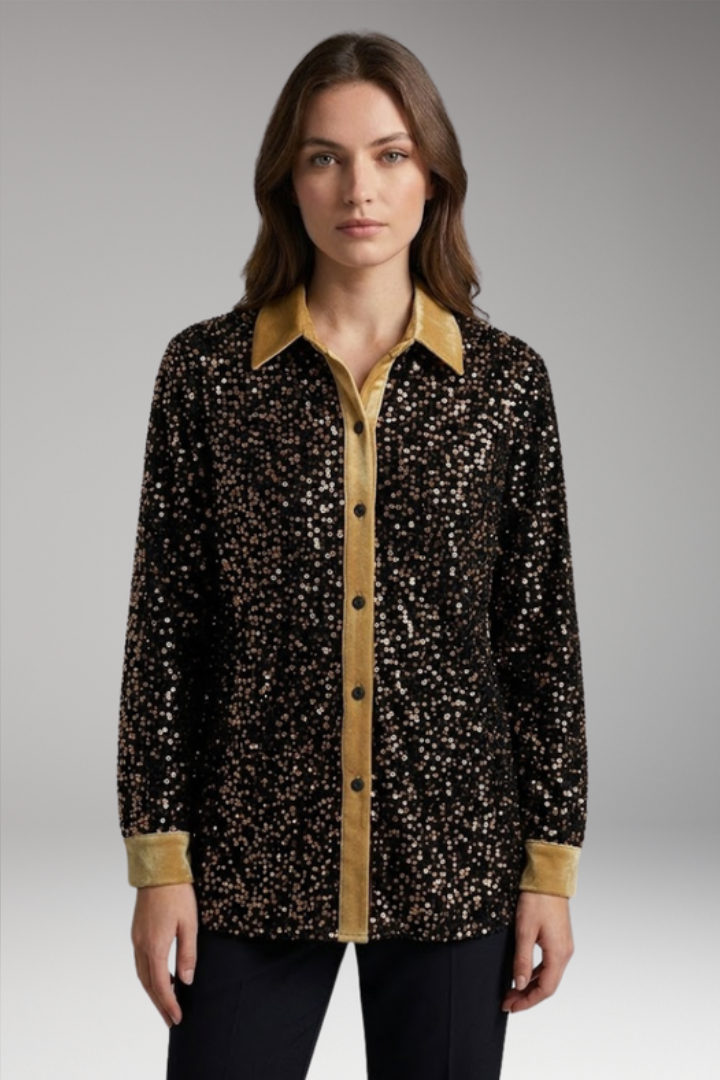 Women's Christmas Shirt | Sequin Collared Long Sleeve Button