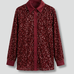 Women's Christmas Shirt | Sequin Collared Long Sleeve Button