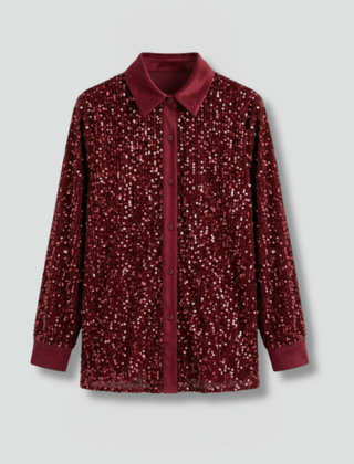 Women's Christmas Shirt | Sequin Collared Long Sleeve Button