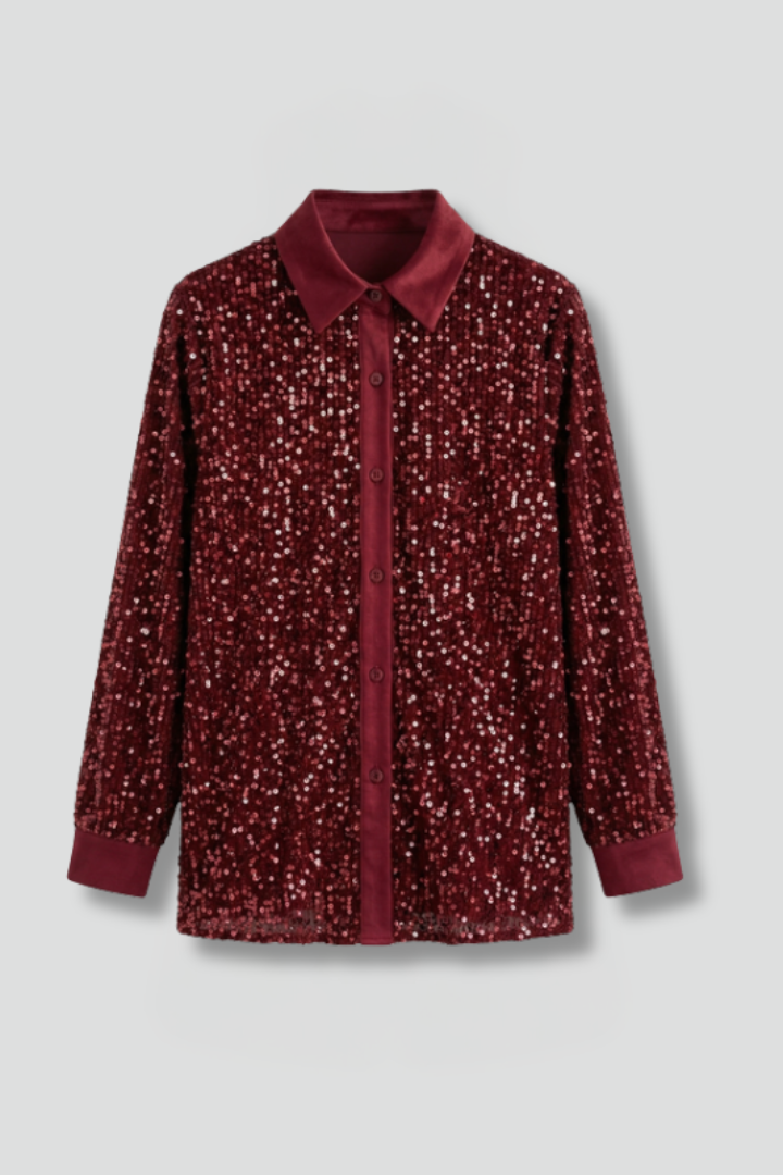 Women's Christmas Shirt | Sequin Collared Long Sleeve Button