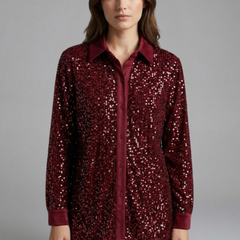 Women's Christmas Shirt | Sequin Collared Long Sleeve Button