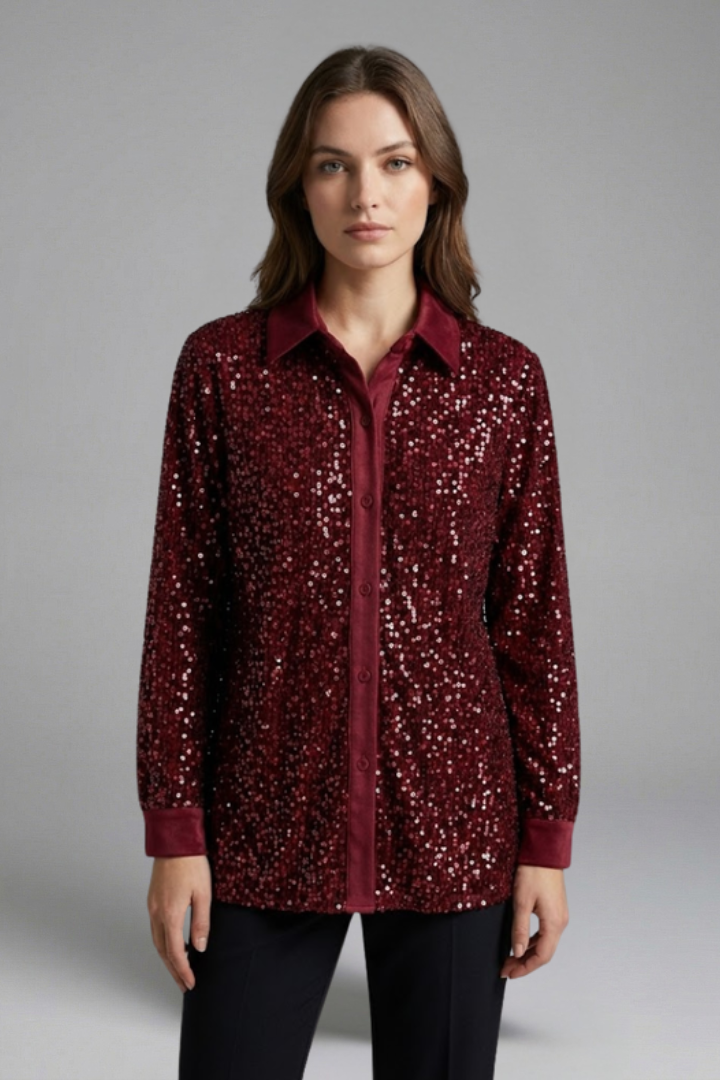 Women's Christmas Shirt | Sequin Collared Long Sleeve Button