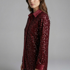 Women's Christmas Shirt | Sequin Collared Long Sleeve Button