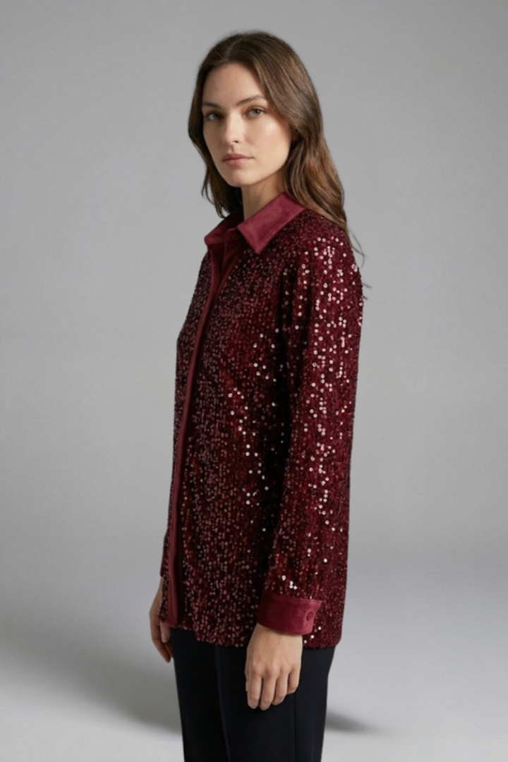 Women's Christmas Shirt | Sequin Collared Long Sleeve Button