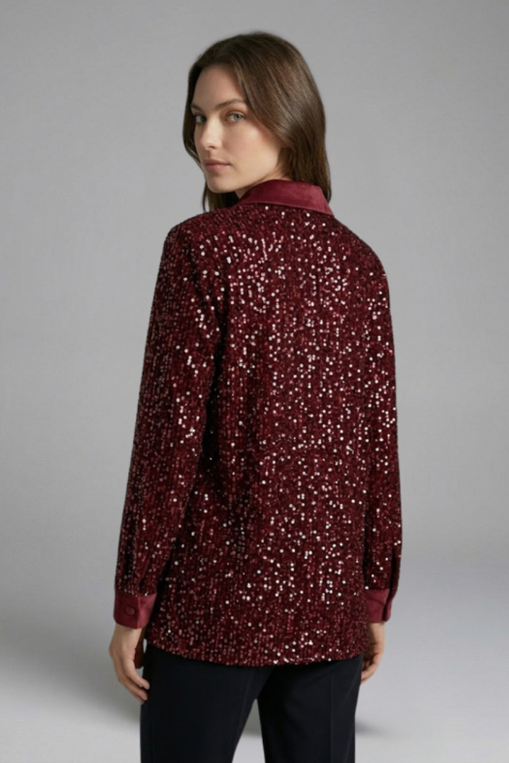 Women's Christmas Shirt | Sequin Collared Long Sleeve Button