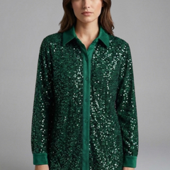 Women's Christmas Shirt | Sequin Collared Long Sleeve Button