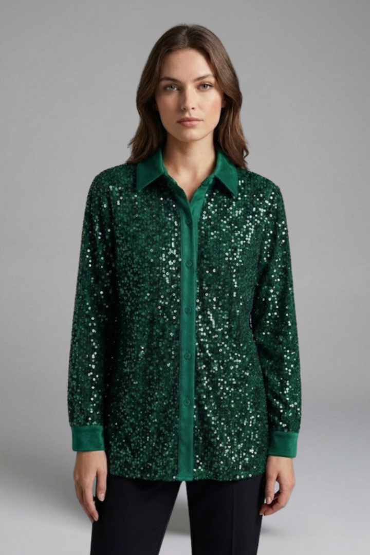 Women's Christmas Shirt | Sequin Collared Long Sleeve Button