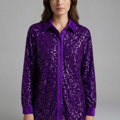 Women's Christmas Shirt | Sequin Collared Long Sleeve Button