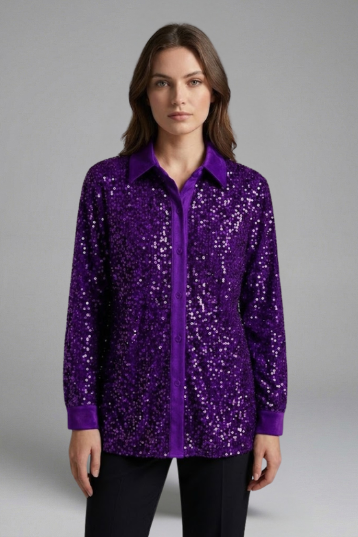 Women's Christmas Shirt | Sequin Collared Long Sleeve Button