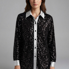 Women's Christmas Shirt | Sequin Collared Long Sleeve Button