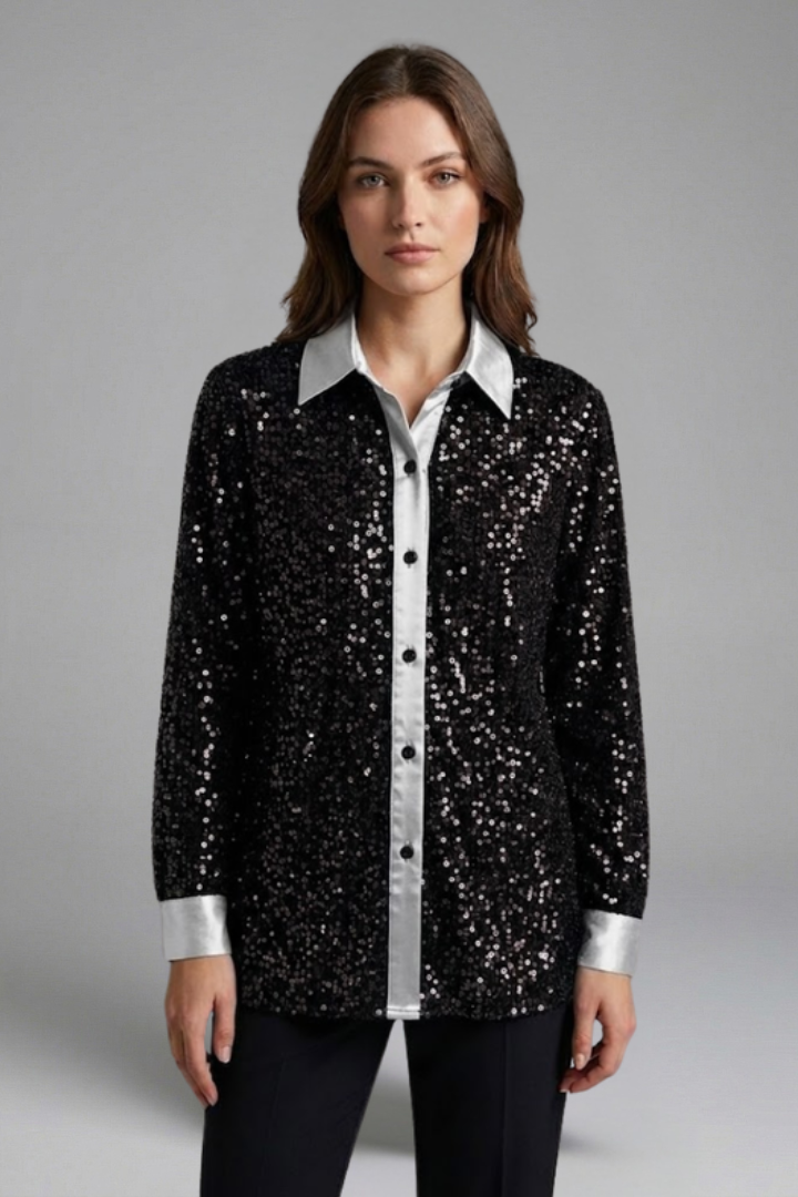 Women's Christmas Shirt | Sequin Collared Long Sleeve Button