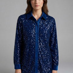 Women's Christmas Shirt | Sequin Collared Long Sleeve Button
