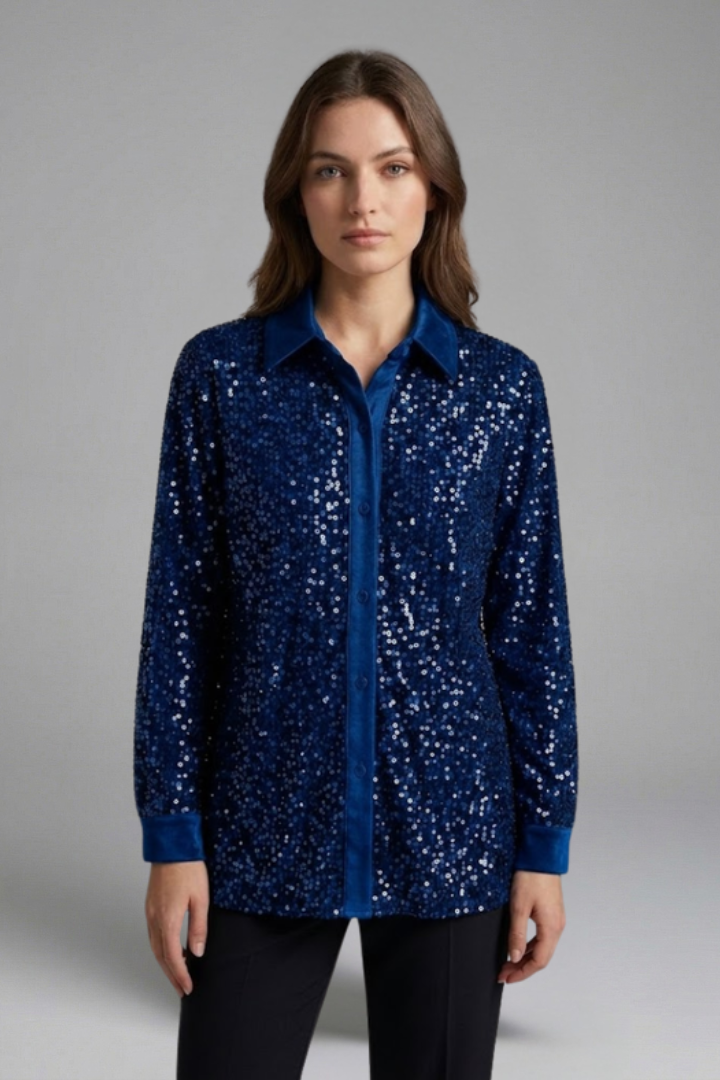 Women's Christmas Shirt | Sequin Collared Long Sleeve Button