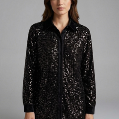 Women's Christmas Shirt | Sequin Collared Long Sleeve Button