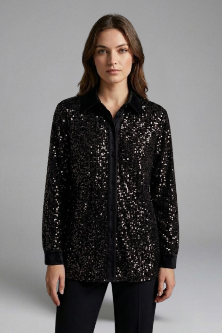 Women's Christmas Shirt | Sequin Collared Long Sleeve Button
