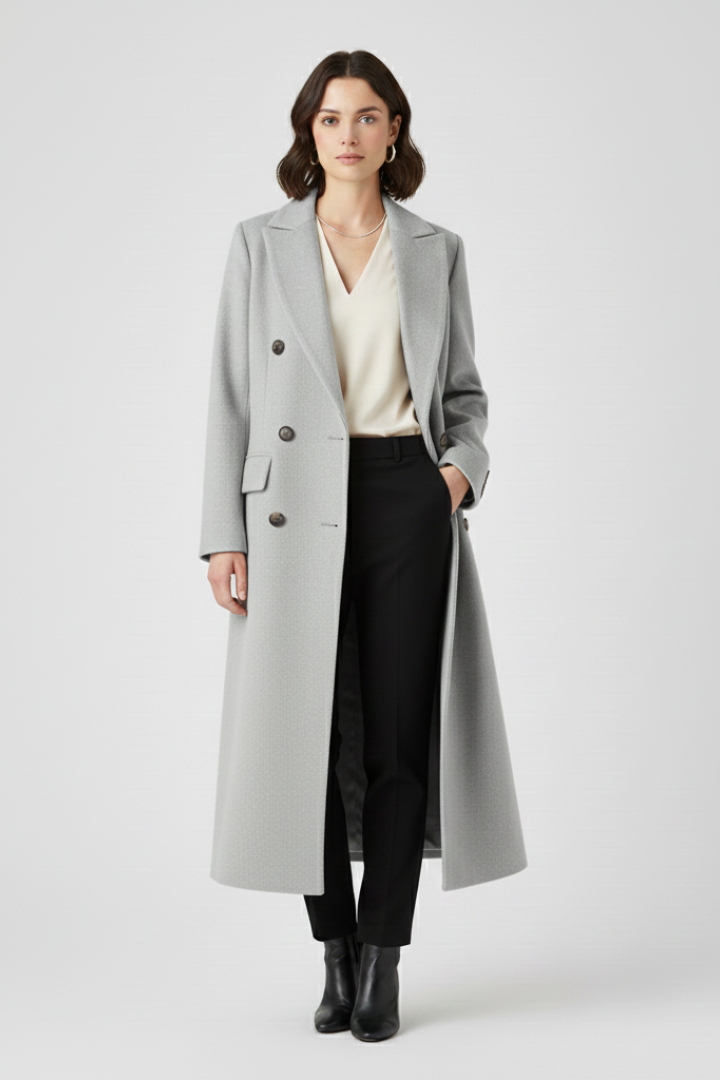 Women's Overcoat | Notched Lapel Double-Breasted Button Closure Midi