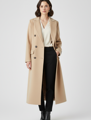 Women's Overcoat | Notched Lapel Double-Breasted Button Closure Midi