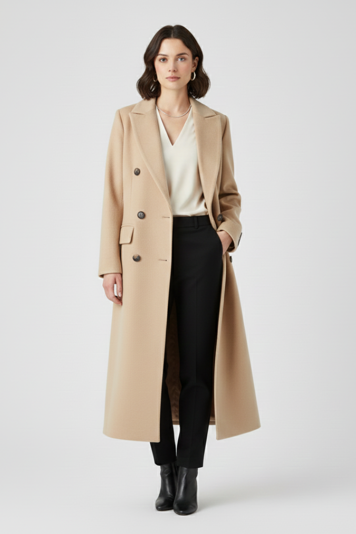 Women's Overcoat | Notched Lapel Double-Breasted Button Closure Midi