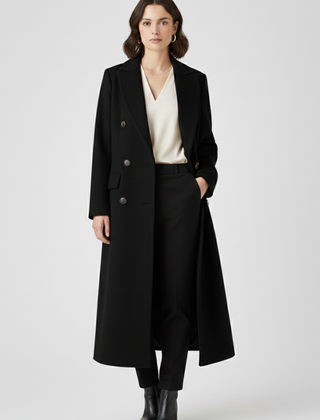 Women's Overcoat | Notched Lapel Double-Breasted Button Closure Midi