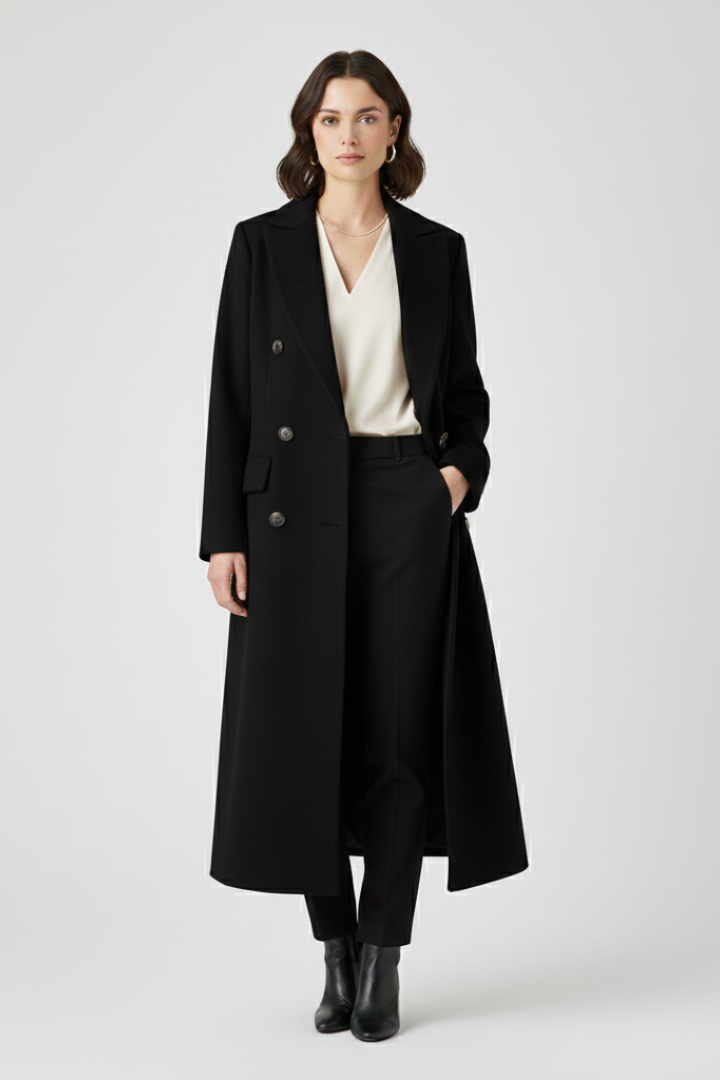Women's Overcoat | Notched Lapel Double-Breasted Button Closure Midi