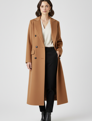 Women's Overcoat | Notched Lapel Double-Breasted Button Closure Midi
