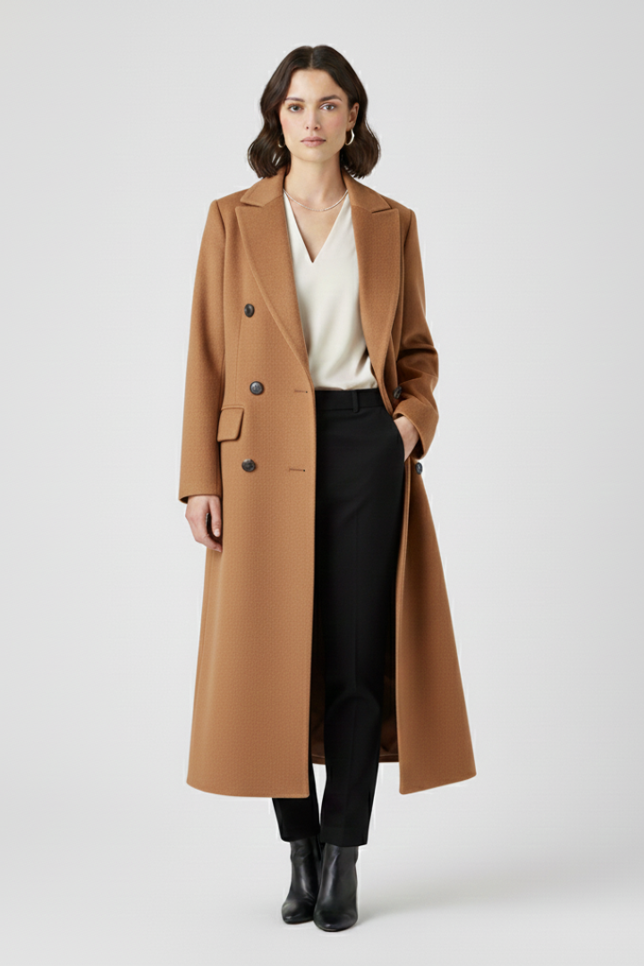 Women's Overcoat | Notched Lapel Double-Breasted Button Closure Midi