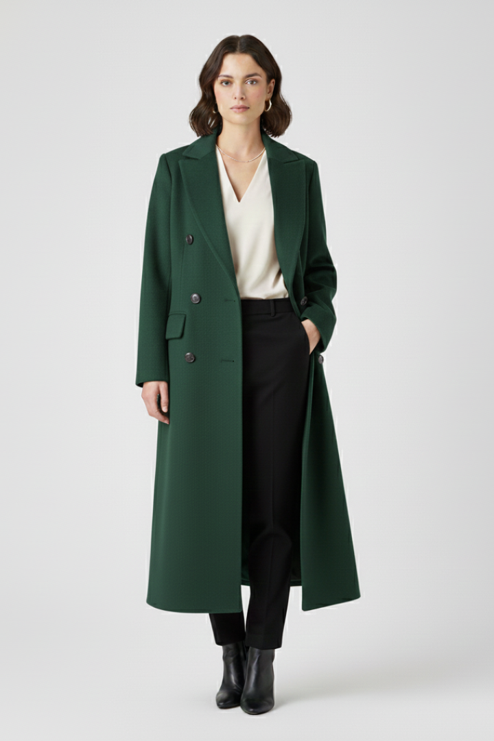 Women's Overcoat | Notched Lapel Double-Breasted Button Closure Midi