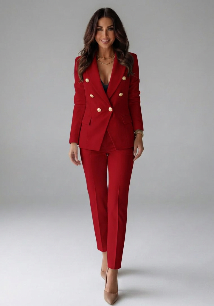Women's Matching Set | Double-Breasted Blazer Notched Lapel Metal Buttons