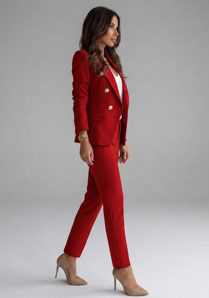 Women's Matching Set | Double-Breasted Blazer Notched Lapel Metal Buttons