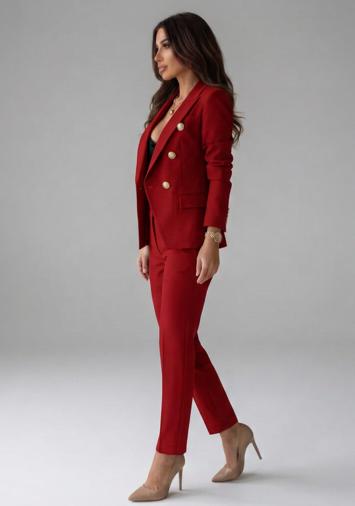 Women's Matching Set | Double-Breasted Blazer Notched Lapel Metal Buttons