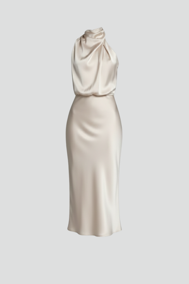 Women's High Neck Dress | Sleeveless Draped Midi Satin