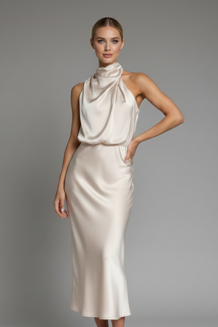 Women's High Neck Dress | Sleeveless Draped Midi Satin