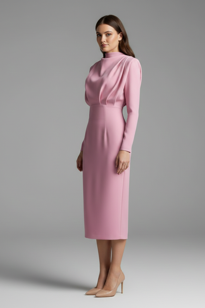 Women's Long Sleeve Dress | High Neckline Midi Draped