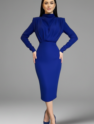 Women's Long Sleeve Dress | High Neckline Midi Draped