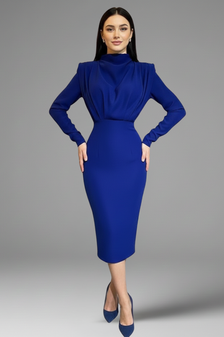 Women's Long Sleeve Dress | High Neckline Midi Draped