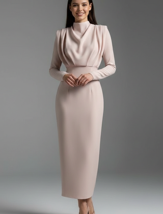 Women's Long Sleeve Dress | High Neckline Midi Draped