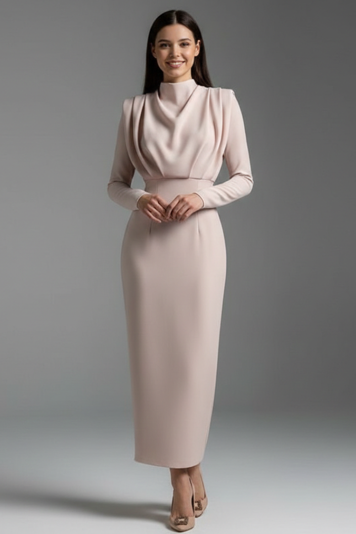 Women's Long Sleeve Dress | High Neckline Midi Draped