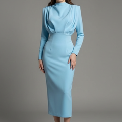 Women's Long Sleeve Dress | High Neckline Midi Draped